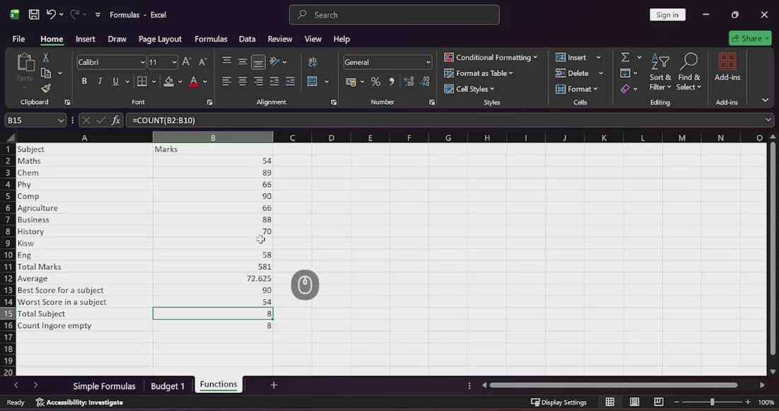 Microsoft Excel video lesson at KLTE Africa Academy: Functions that do the work for you