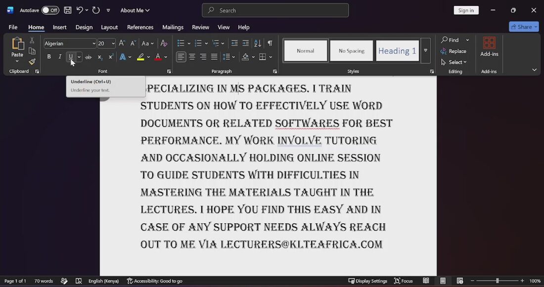 A KLTE Africa lecturer introducing themselves at the start of the Microsoft Word course and inviting students to reach out for support