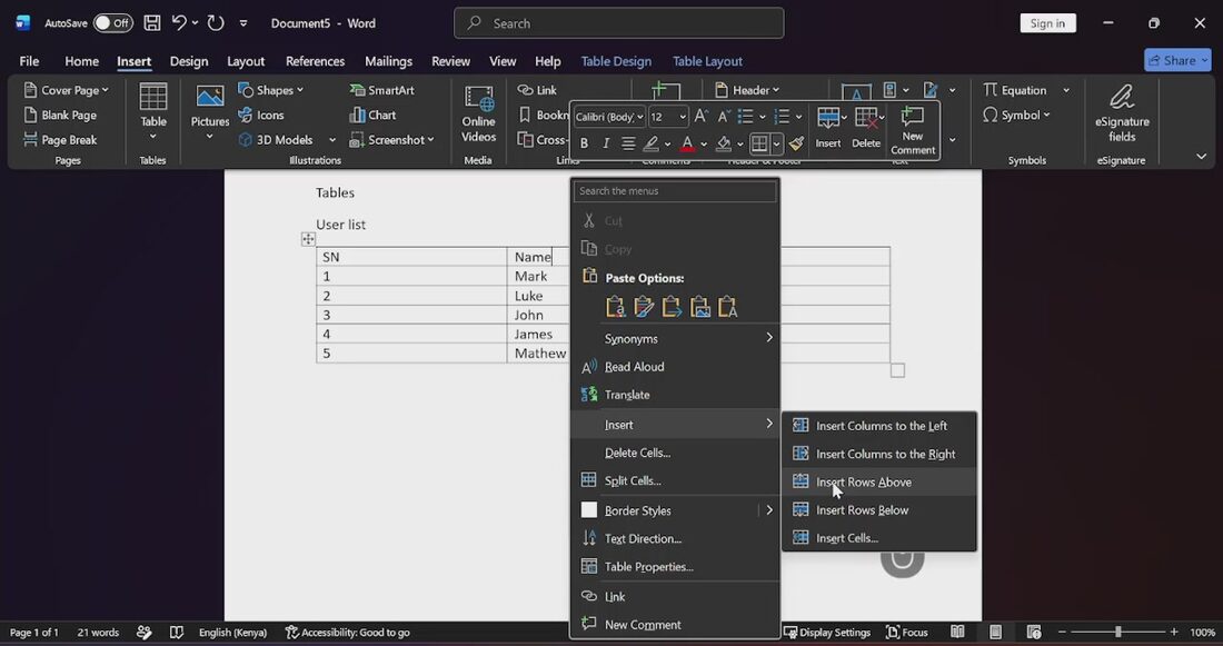 Microsoft Word video lesson at KLTE Africa Academy: Building tables in Word