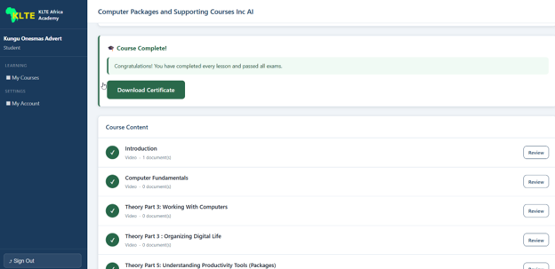KLTE Africa Academy student portal: Lessons, exams and your certificate