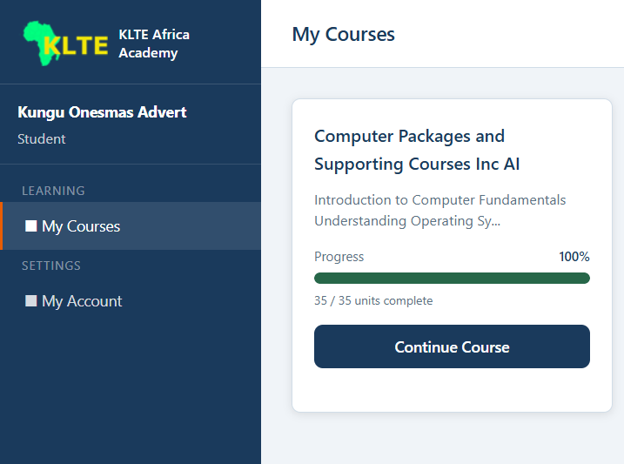 KLTE Africa Academy student portal: Your courses and your progress